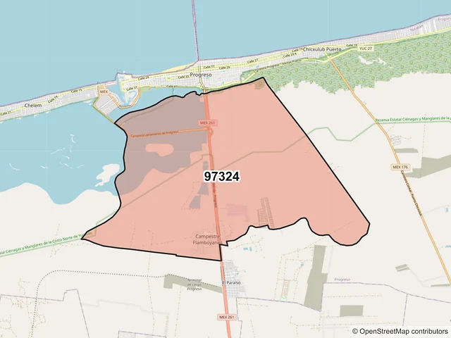 Mapa del código postal 97324, Progreso, Yucatán