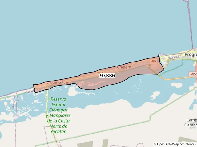 Mapa del código postal 97336, Progreso, Yucatán