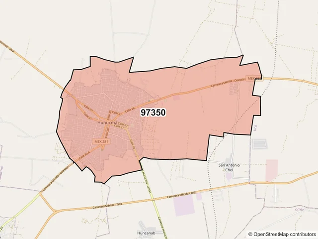 Mapa del código postal 97350, Hunucmá, Yucatán