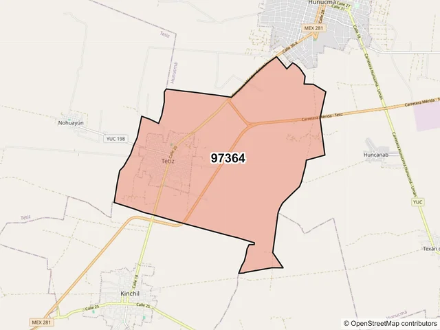 Mapa del código postal 97364, Tetiz, Yucatán