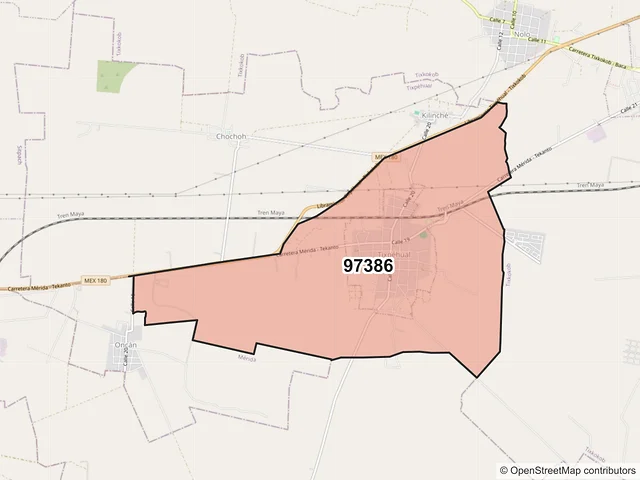 Mapa del código postal 97386, Tixpéhual, Yucatán