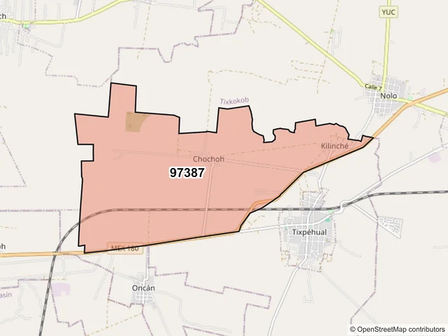 Mapa del código postal 97387, Tixpéhual, Yucatán