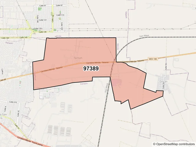 Mapa del código postal 97389, Tixpéhual, Yucatán