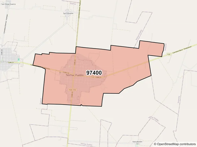 Mapa del código postal 97400, Telchac Pueblo, Yucatán