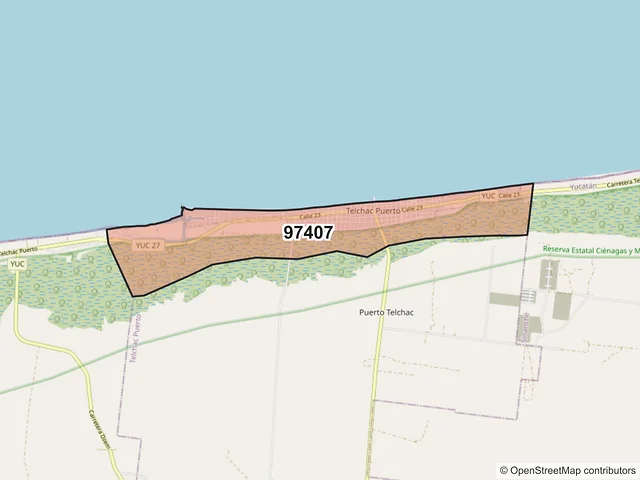 Mapa del código postal 97407, Telchac Puerto, Yucatán