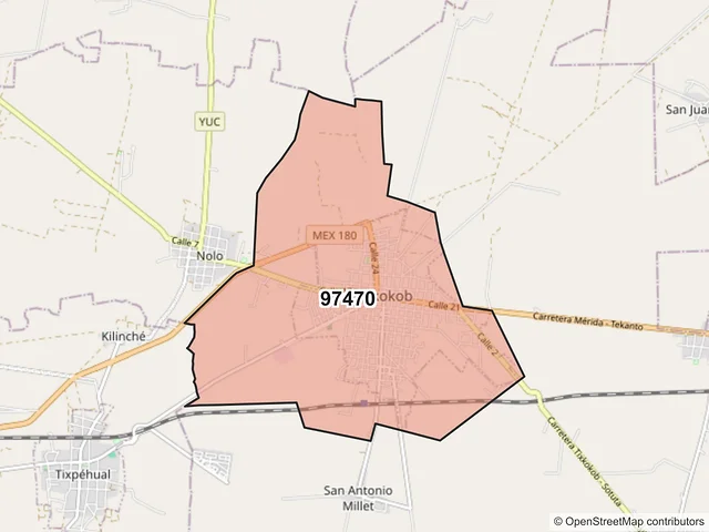 Mapa del código postal 97470, Tixkokob, Yucatán