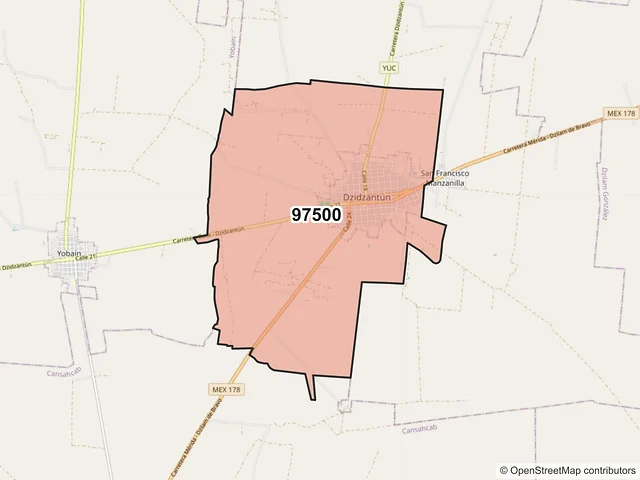Mapa del código postal 97500, Dzidzantún, Yucatán