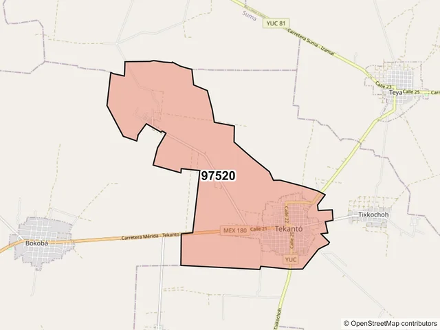 Mapa del código postal 97520, Tekantó, Yucatán
