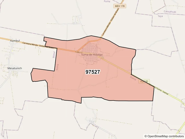 Mapa del código postal 97527, Suma, Yucatán