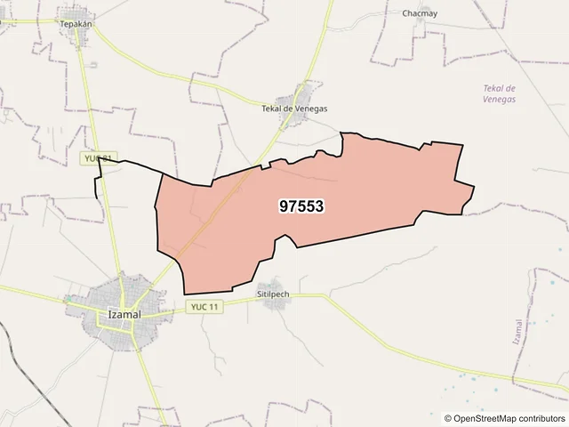 Mapa del código postal 97553, Izamal, Yucatán