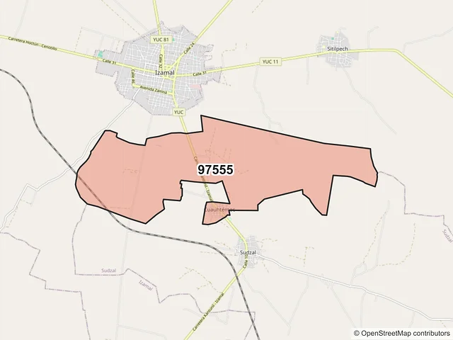 Mapa del código postal 97555, Izamal, Yucatán