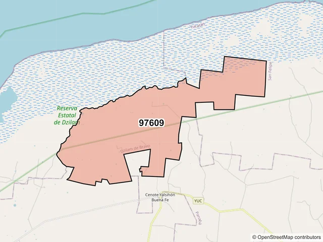 Mapa del código postal 97609, Dzilam de Bravo, Yucatán