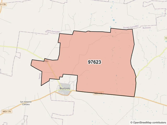 Mapa del código postal 97623, Buctzotz, Yucatán