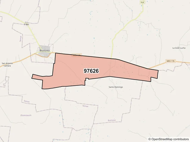 Mapa del código postal 97626, Buctzotz, Yucatán