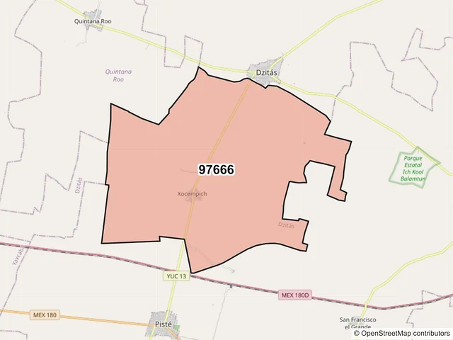 Mapa del código postal 97666, Dzitás, Yucatán