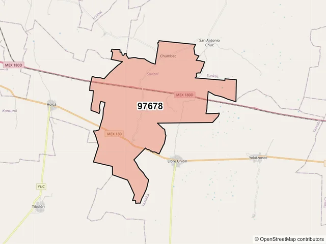 Mapa del código postal 97678, Sudzal, Yucatán
