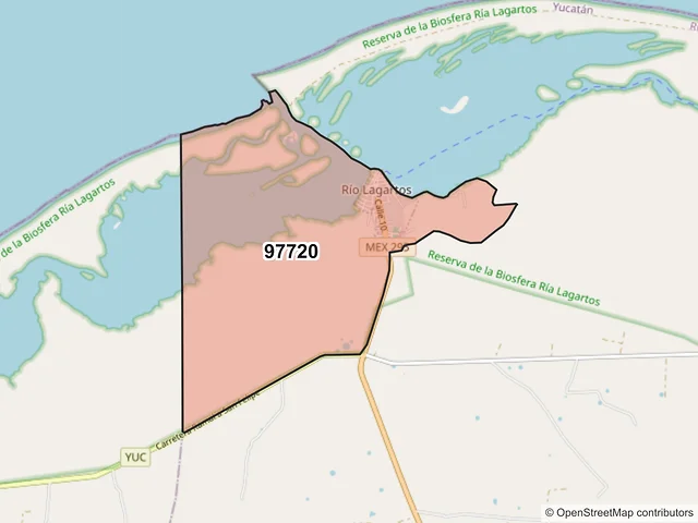 Mapa del código postal 97720, Río Lagartos, Yucatán