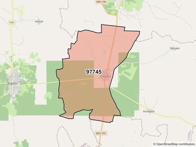 Mapa del código postal 97745, Calotmul, Yucatán