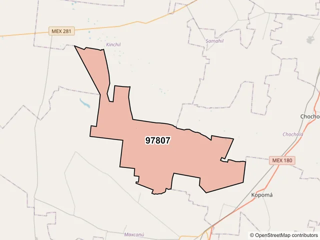 Mapa del código postal 97807, Maxcanú, Yucatán