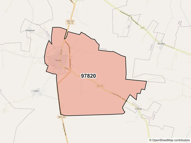 Mapa del código postal 97820, Tecoh, Yucatán