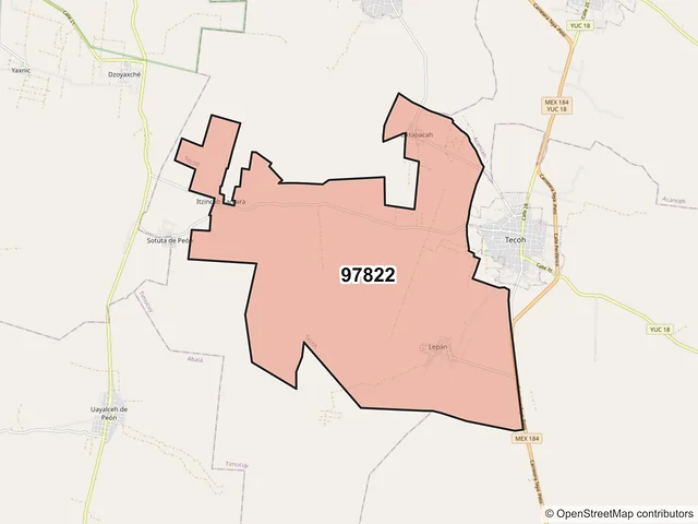 Mapa del código postal 97822, Tecoh, Yucatán