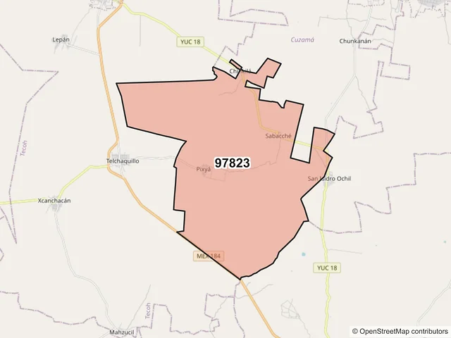 Mapa del código postal 97823, Tecoh, Yucatán