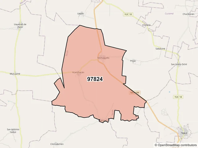 Mapa del código postal 97824, Tecoh, Yucatán