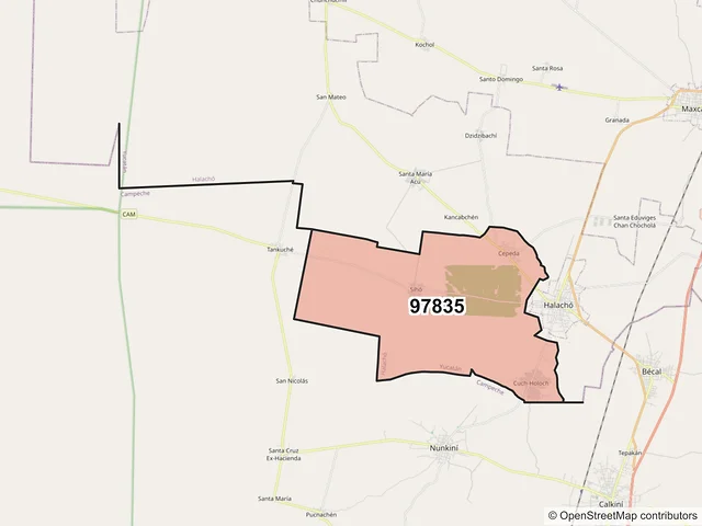 Mapa del código postal 97835, Halachó, Yucatán