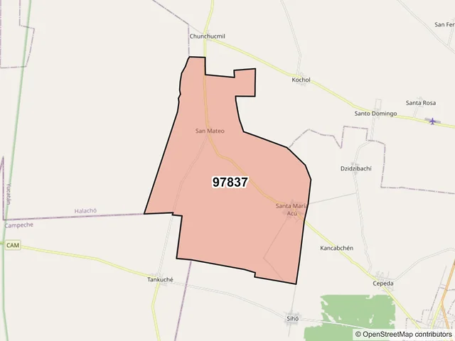 Mapa del código postal 97837, Halachó, Yucatán
