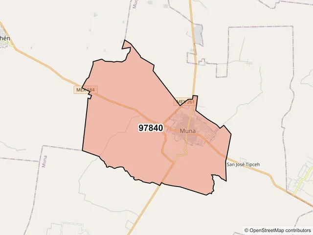 Mapa del código postal 97840, Muna, Yucatán