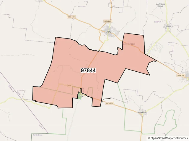 Mapa del código postal 97844, Muna, Yucatán