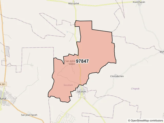 Mapa del código postal 97847, Sacalum, Yucatán