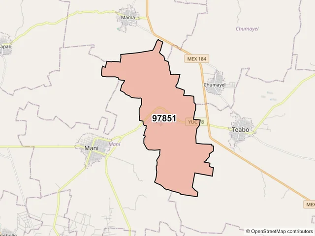 Mapa del código postal 97851, Maní, Yucatán