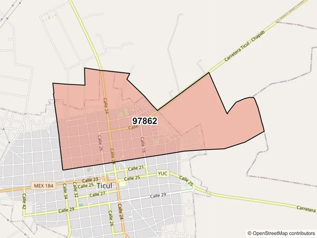 Mapa del código postal 97862, Ticul, Yucatán