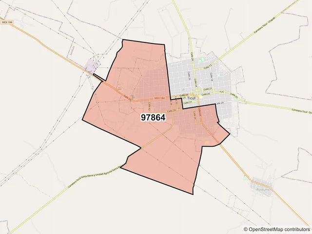 Mapa del código postal 97864, Ticul, Yucatán