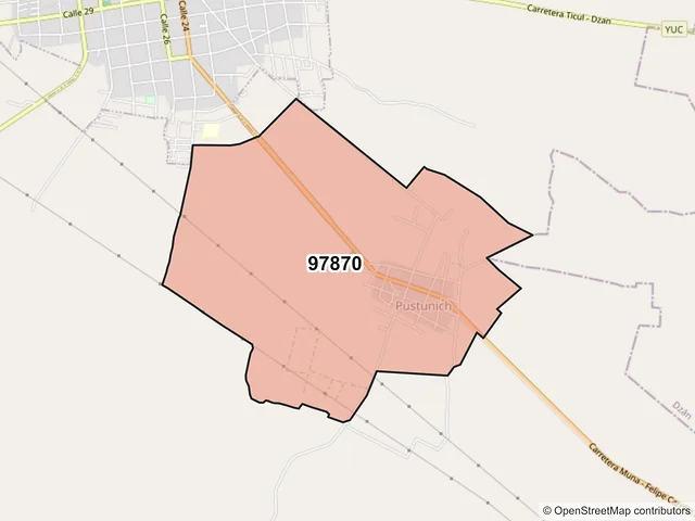 Mapa del código postal 97870, Ticul, Yucatán