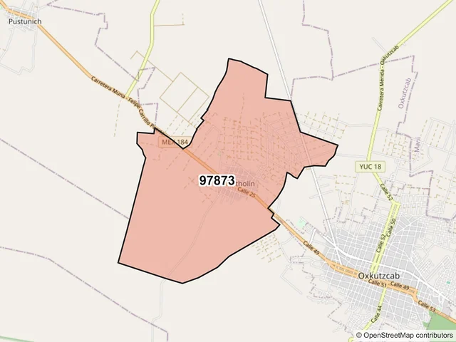 Mapa del código postal 97873, Ticul, Yucatán