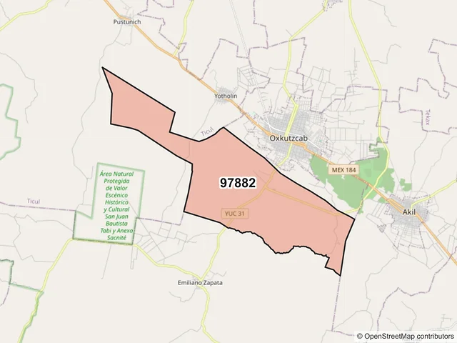 Mapa del código postal 97882, Oxkutzcab, Yucatán