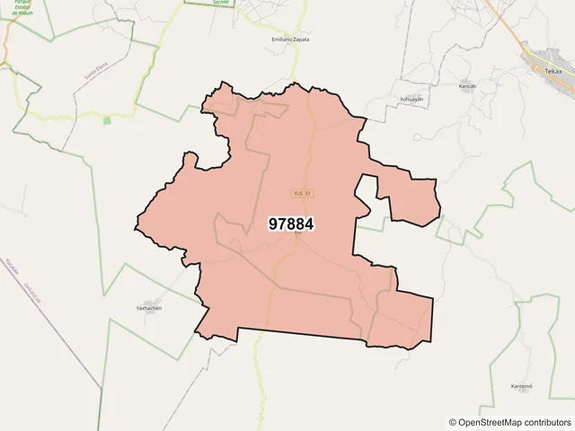 Mapa del código postal 97884, Oxkutzcab, Yucatán
