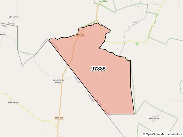 Mapa del código postal 97885, Oxkutzcab, Yucatán