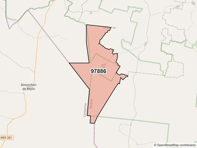 Mapa del código postal 97886, Oxkutzcab, Yucatán