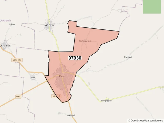 Mapa del código postal 97930, Peto, Yucatán