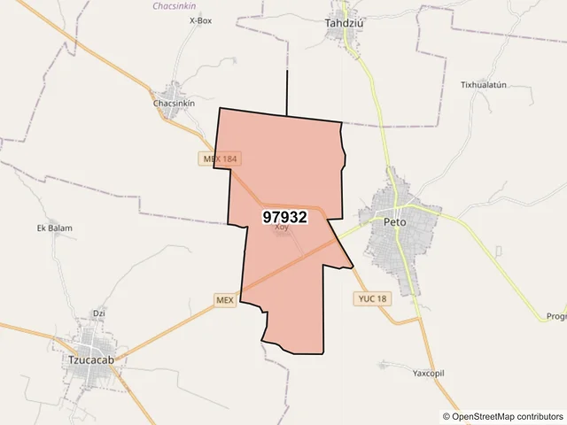 Mapa del código postal 97932, Peto, Yucatán