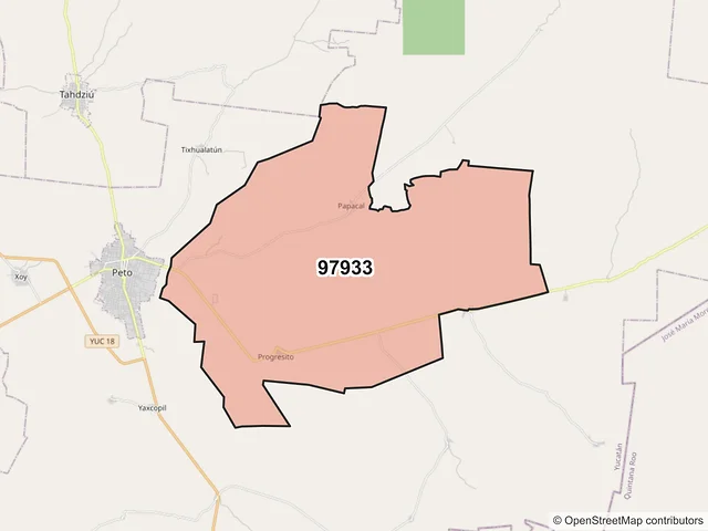 Mapa del código postal 97933, Peto, Yucatán