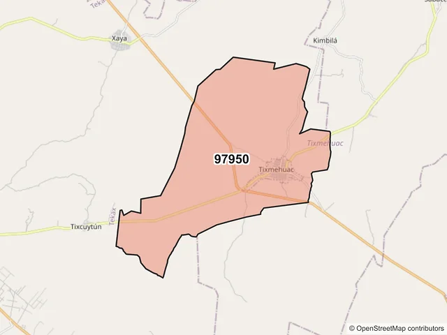 Mapa del código postal 97950, Tixmehuac, Yucatán