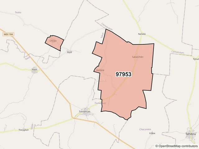 Mapa del código postal 97953, Tixmehuac, Yucatán