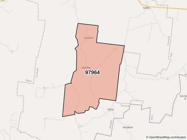 Mapa del código postal 97964, Tzucacab, Yucatán