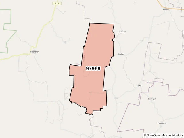 Mapa del código postal 97966, Tzucacab, Yucatán