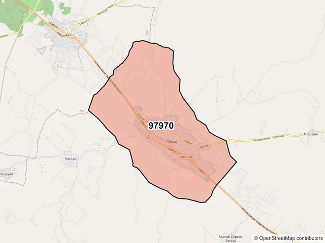 Mapa del código postal 97970, Tekax, Yucatán