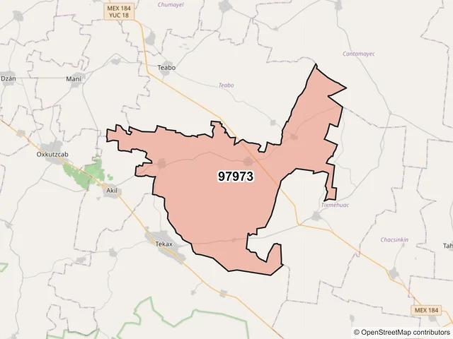 Mapa del código postal 97973, Tekax, Yucatán